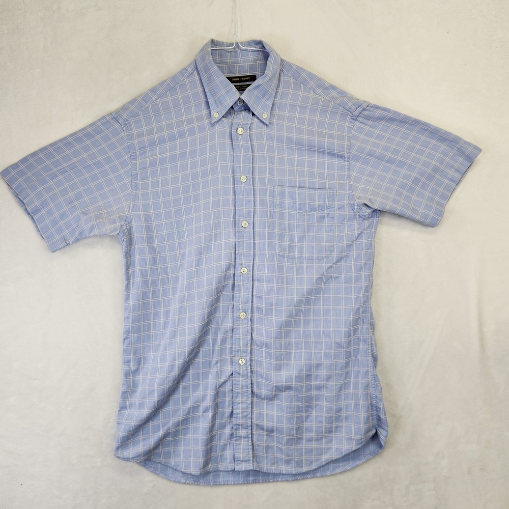 Zara Sport Mens Short Sleeve Button Down Shirt Blue Grid Check Cotton Size M